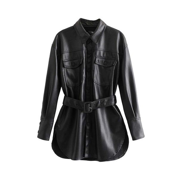 Vadim women black PU leather jackets bow tie sashes pockets long sleeve