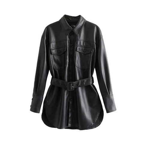 Vadim women black PU leather jackets bow tie sashes pockets long sleeve