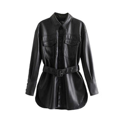 Vadim women black PU leather jackets bow tie sashes pockets long sleeve