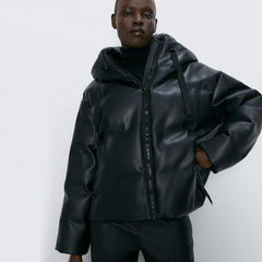 Women Fashion Hooded Faux Leather Coats