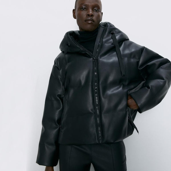 Women Fashion Hooded Faux Leather Coats