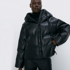 Women Fashion Hooded Faux Leather Coats