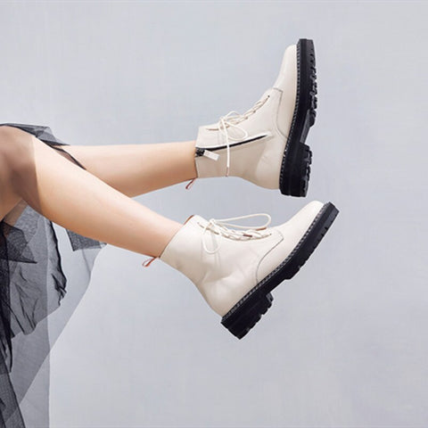 Leather Women Booties Lace Up White winter women