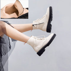 Leather Women Booties Lace Up White winter women