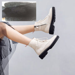 Leather Women Booties Lace Up White winter women