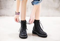 Leather Women Booties Lace Up White winter women