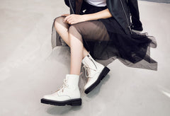 Leather Women Booties Lace Up White winter women