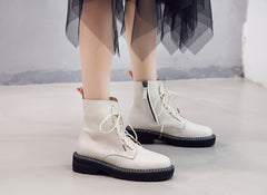 Leather Women Booties Lace Up White winter women
