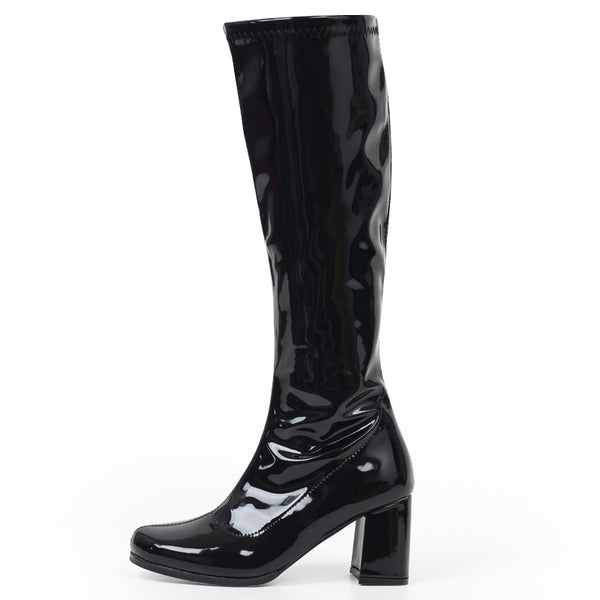 Heel Knee-High Classic Square Toe Boots PU Leather Zip Boots